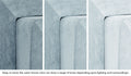 Close-up of a Smore frame in Surfside light gray-blue across three lighting situations. One color can present as a range of tones depending on the room.