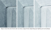 Close-up of a Smore frame in Surfside light gray-blue across three lighting situations. One color can present as a range of tones depending on the room.