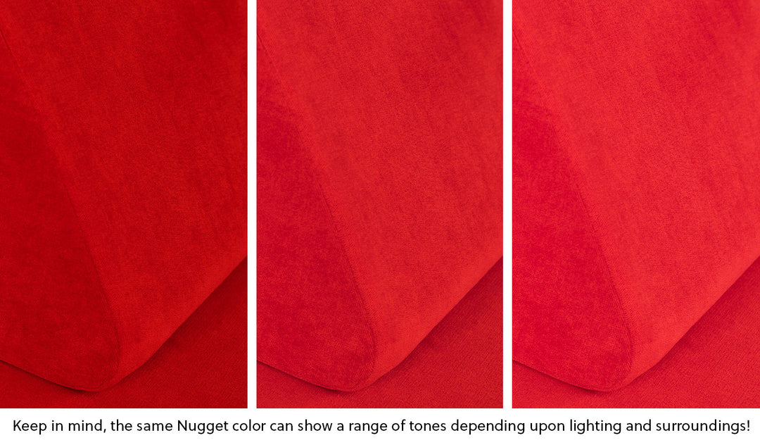 Close-up of a Nugget pillow in Trolley true red across three lighting situations. One color can present as a range of tones depending on the room.