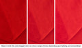 Close-up of a Nugget pillow in Trolley true red across three lighting situations. One color can present as a range of tones depending on the room.