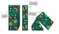 Four pieces of a dinosaur-patterned Nugget play couch lined up: one foldable base, one foldable cushion, and two triangular pillows.