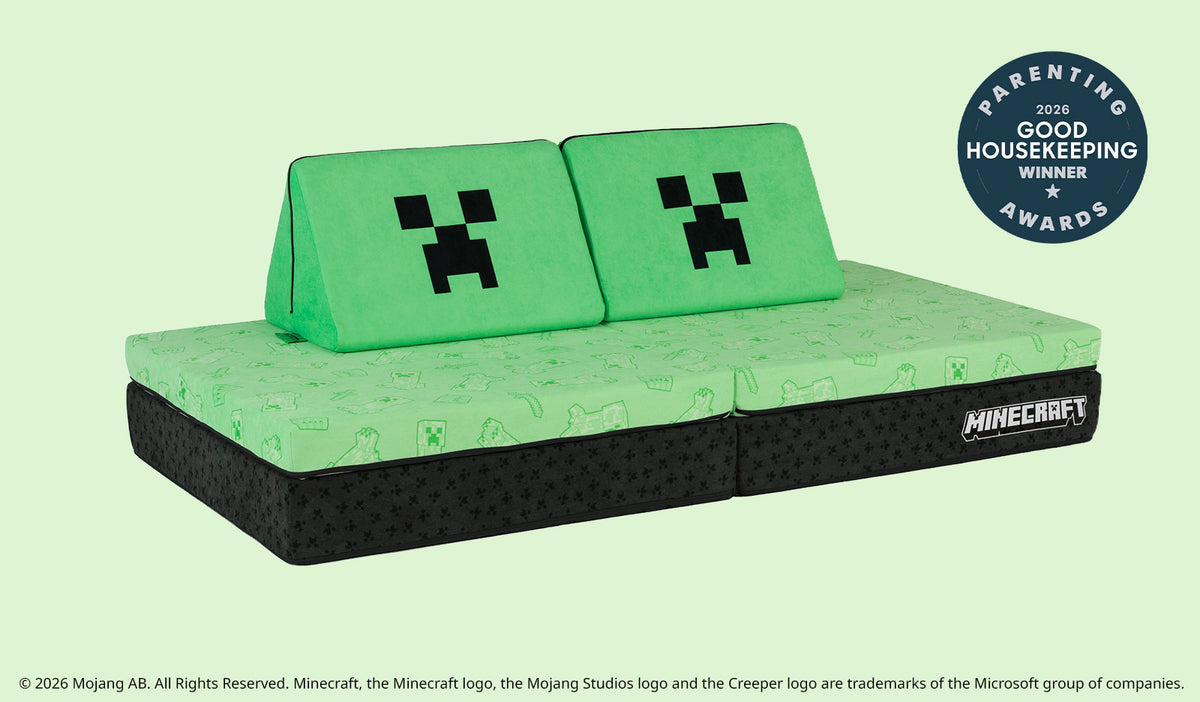 A bright, bold Minecraft Nugget play couch set up in a kids' sofa configuration.