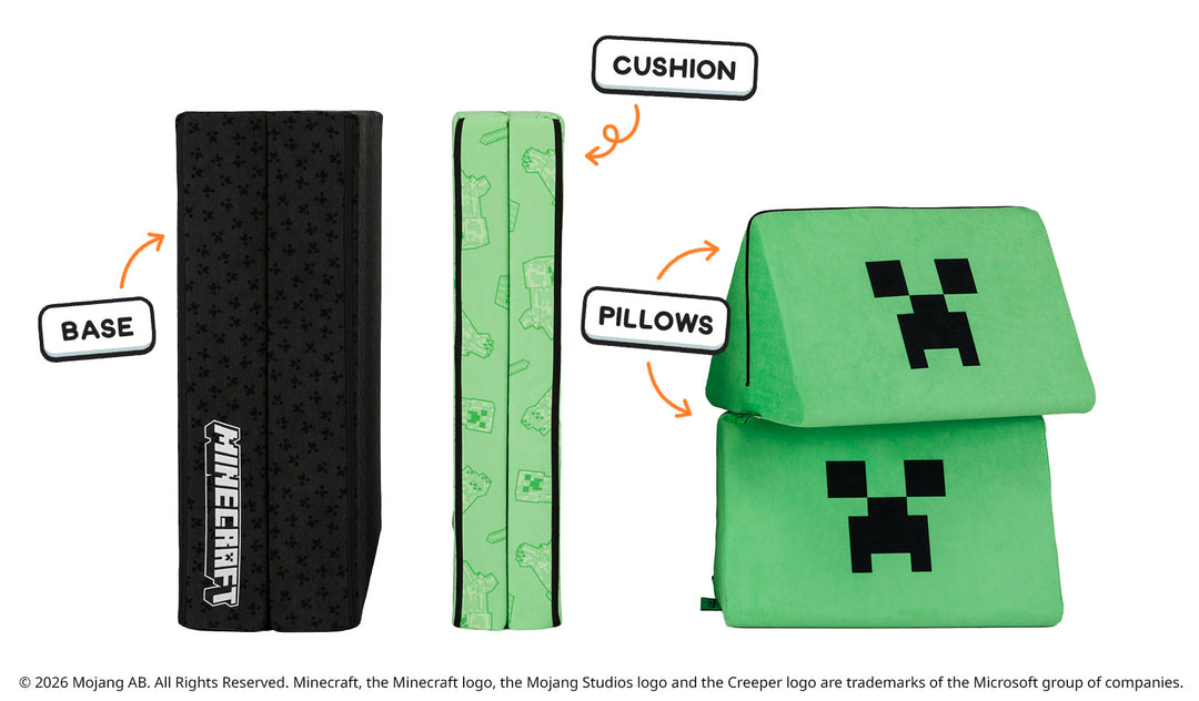 Four pieces of Minecraft Nugget play couch lined up: one foldable base, one foldable cushion, and two triangular pillows.