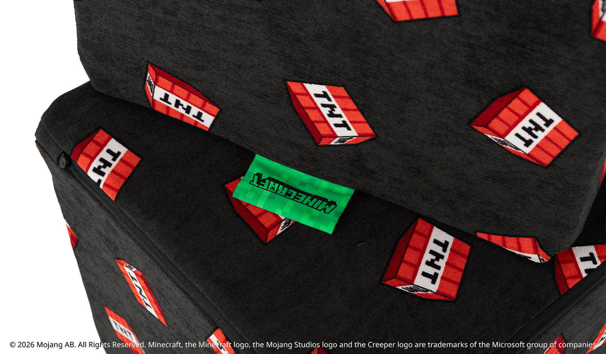 Close-up of the iconic Nugget tag dyed in Minecraft's iconic green,  for the limited-edition Minecraft Collection.