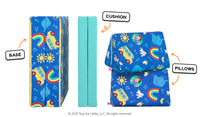 Four pieces of a Ms. Rachel-patterned Nugget play couch lined up one foldable base, one foldable cushion, and two triangular pillows.
