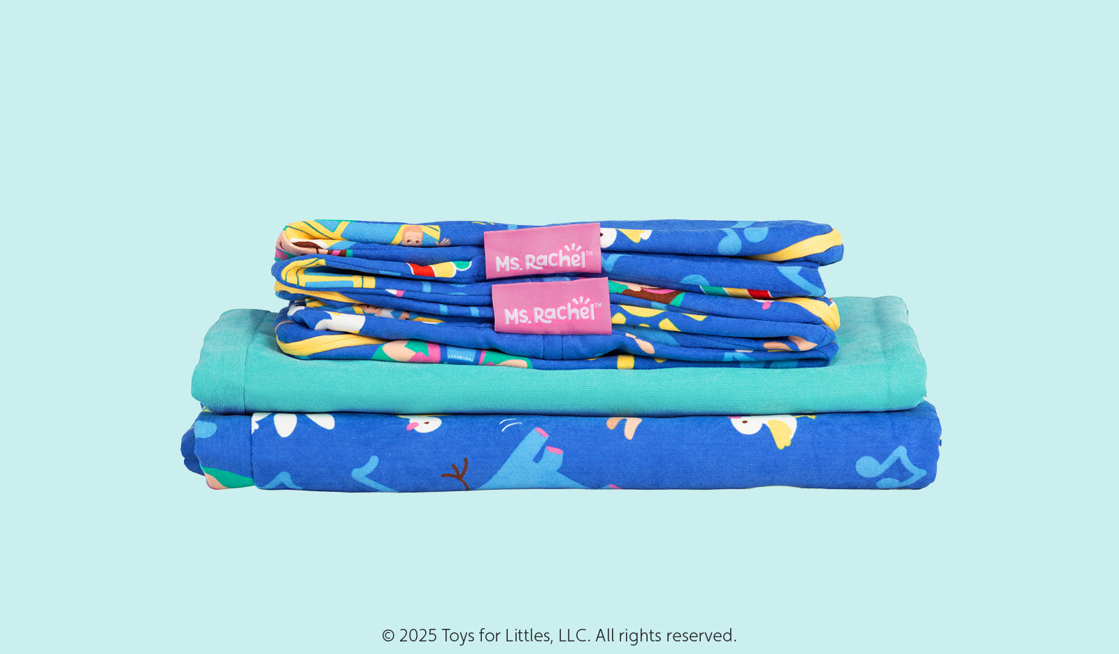 A Ms. Rachel Nugget Cover Set is shown stacked neatly, patterned with icons from popular Ms. Rachel songs.