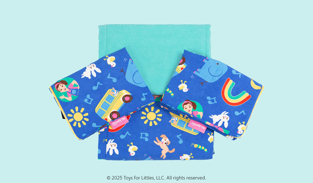 A Ms. Rachel Nugget Cover Set is displayed in four pieces, patterned with icons from popular Ms. Rachel songs.