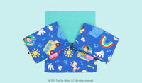 A Ms. Rachel Nugget Cover Set is displayed in four pieces, patterned with icons from popular Ms. Rachel songs.