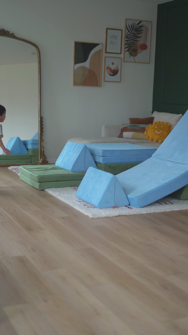Video shows how two siblings play with Nugget play couches at home, highlighting the versatility of the product.