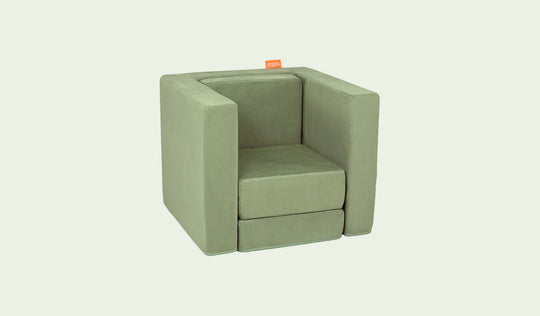 A Bamboo mossy sage Smore play chair set up in a kids' chair configuration.