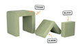 Four pieces of a mossy sage Smore play chair lined up: sturdy frame, one L-shaped elbow, and one square block.