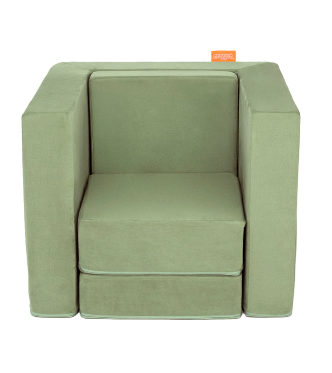 A Bamboo mossy sage Smore play chair set up in a kids' chair configuration, which can be customized with an embroidered name.