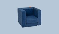 A Blueridge navy blue Smore play chair set up in a kids' chair configuration.