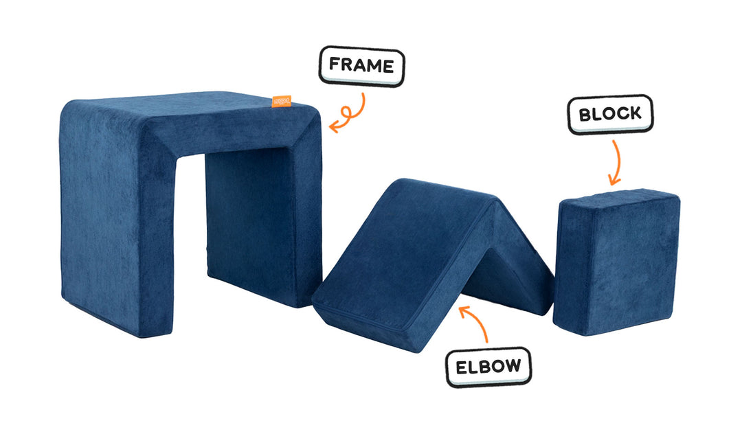 Four pieces of a navy blue Smore play chair lined up: sturdy frame, one L-shaped elbow, and one square block.