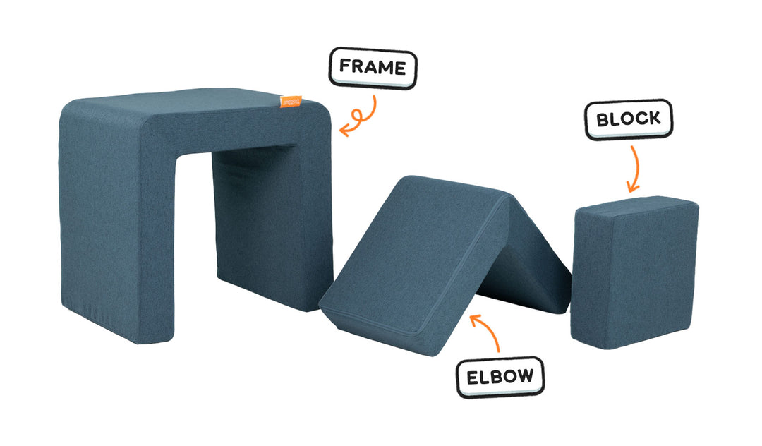 Four pieces of a dark-wash denim Smore play chair lined up: sturdy frame, one L-shaped elbow, and one square block.