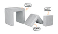 Four pieces of a light gray Smore play chair lined up: sturdy frame, one L-shaped elbow, and one square block.