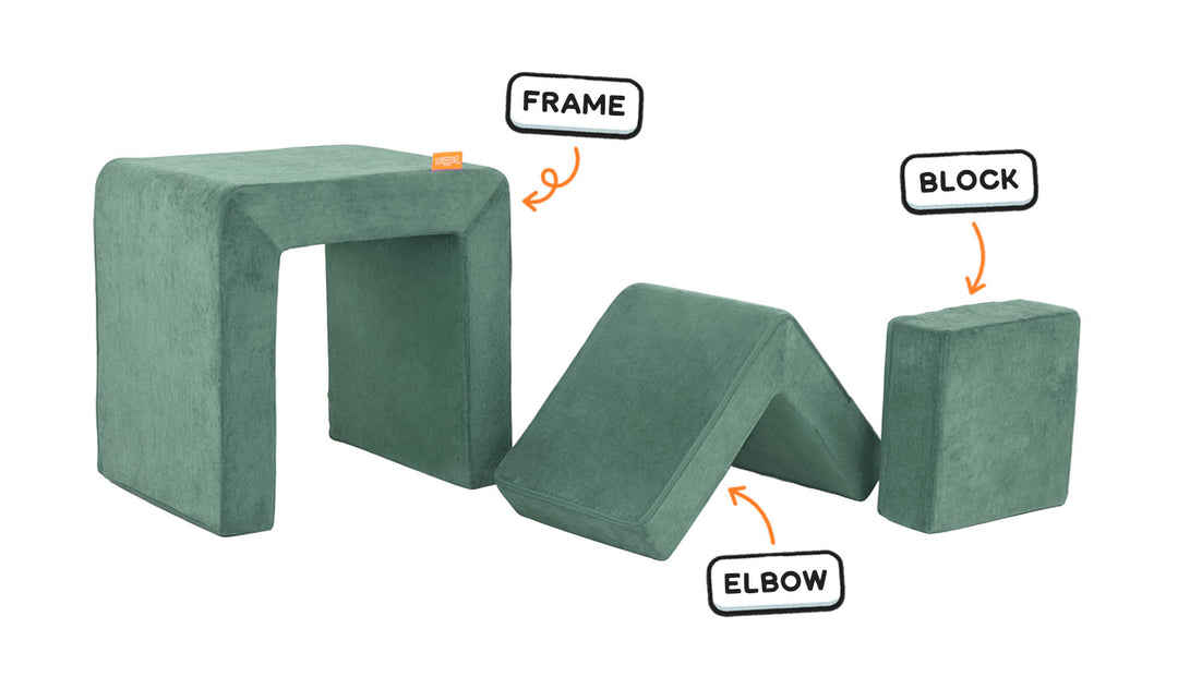 Four pieces of a sea green Smore play chair lined up: sturdy frame, one L-shaped elbow, and one square block.
