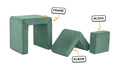 Four pieces of a sea green Smore play chair lined up: sturdy frame, one L-shaped elbow, and one square block.