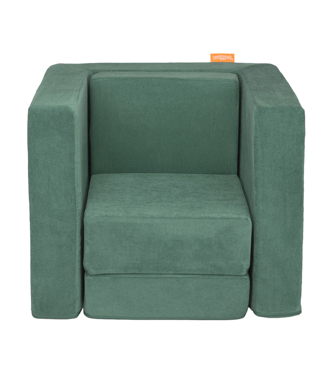 A Seamonster sea green Smore play chair set up in a kids' chair configuration, which can be customized with an embroidered name.