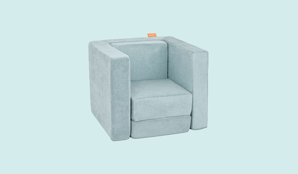 A Surfside light gray-blue Smore play chair set up in a kids' chair configuration.