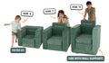 Three kids of different ages play with Smore's three pieces rearranged to show how the chair adjusts to every kid's height.