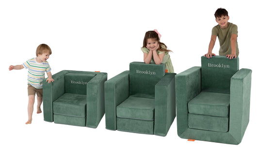 Three kids of different ages play with Smore's three pieces rearranged to show how the chair adjusts to every kid's height.
