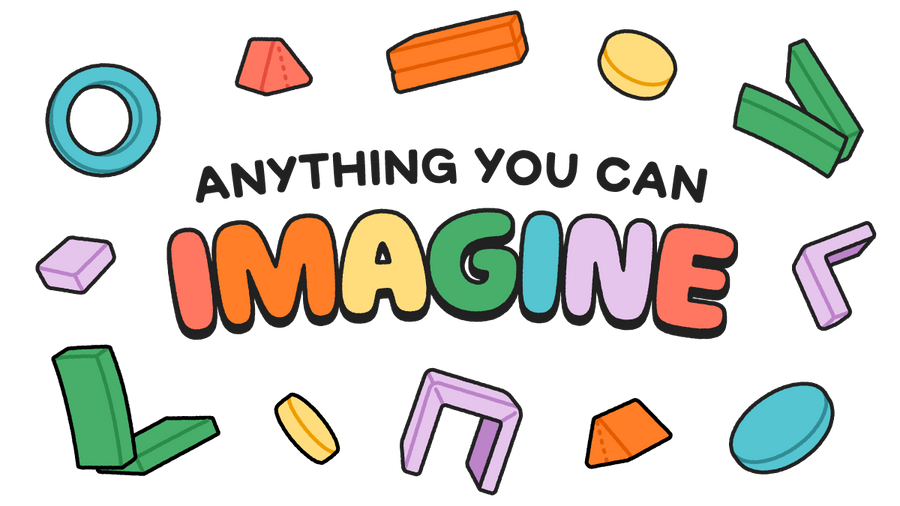A graphic reads "Anything you can imagine" in bright colors, inside a border designed from pieces of Nugget play furniture. 