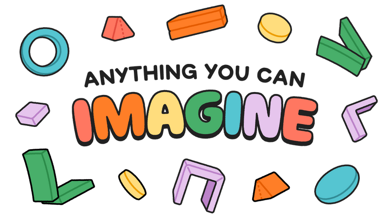 A graphic reads "Anything you can imagine" in bright colors, inside a border designed from pieces of Nugget play furniture. 