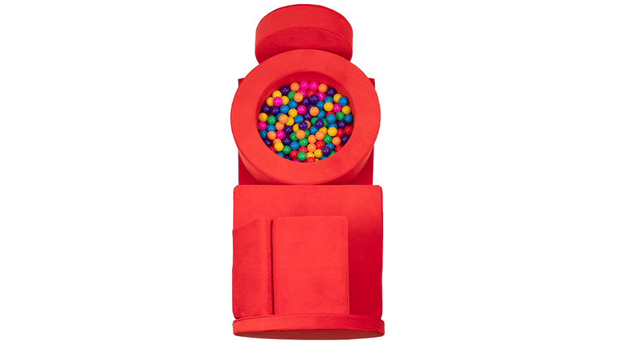 The pieces of a red Nugget play couch and Chunk storage ottoman are arranged into the shape of a gumball machine.