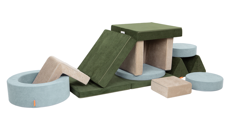 An elaborate obstacle course made from a light blue Chunk, forest green Nugget, and beige Smore.