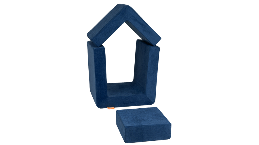 The three pieces of a navy blue Smore play chair are arranged in the shape of a house.