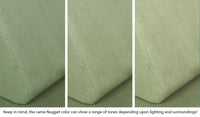 Close-up of a Nugget pillow in Bamboo mossy sage across three lighting situations. One color can present as a range of tones depending on the room.