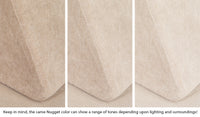 Close-up of a Nugget pillow in Dunebuggy vintage beige across three lighting situations. One color can present as a range of tones depending on the room.