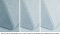 Close-up of a Nugget pillow in Surfside light gray-blue across three lighting situations. One color can present as a range of tones depending on the room.