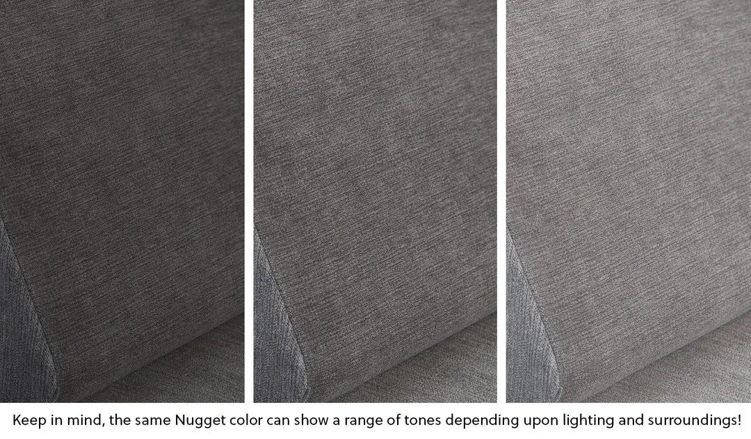 Close-up of a Nugget pillow in Harbor charcoal gray across three lighting situations. One color can present as a range of tones depending on the room.