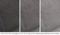 Close-up of a Nugget pillow in Harbor charcoal gray across three lighting situations. One color can present as a range of tones depending on the room.
