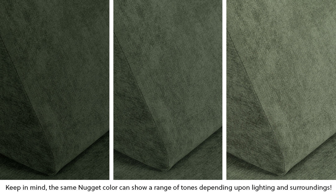 Close-up of a Nugget pillow in Willow forest green across three lighting situations. One color can present as a range of tones depending on the room.