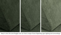 Close-up of a Nugget pillow in Willow forest green across three lighting situations. One color can present as a range of tones depending on the room.